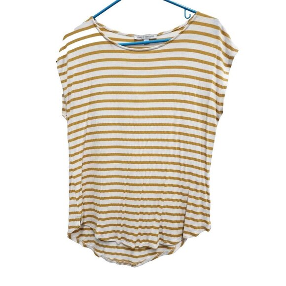 Green Envelope Womens Striped Top Large White Yellow Rounded Hem Short Sleeve - Picture 1 of 7